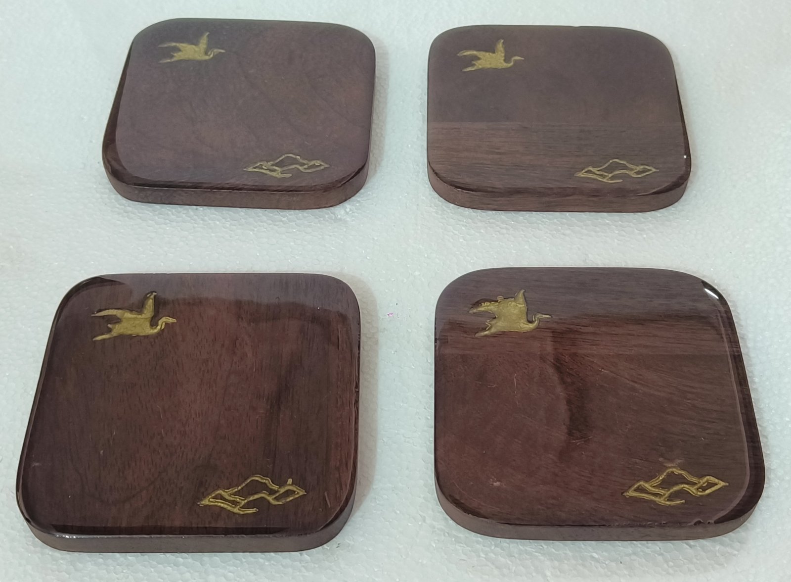 Wooden Coaster with Gold Crane and Cloud Inlay gallery image