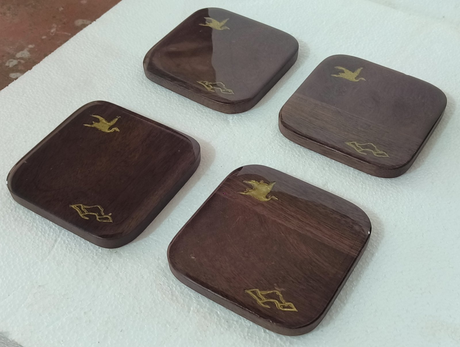 Wooden Coaster with Gold Crane and Cloud Inlay gallery image