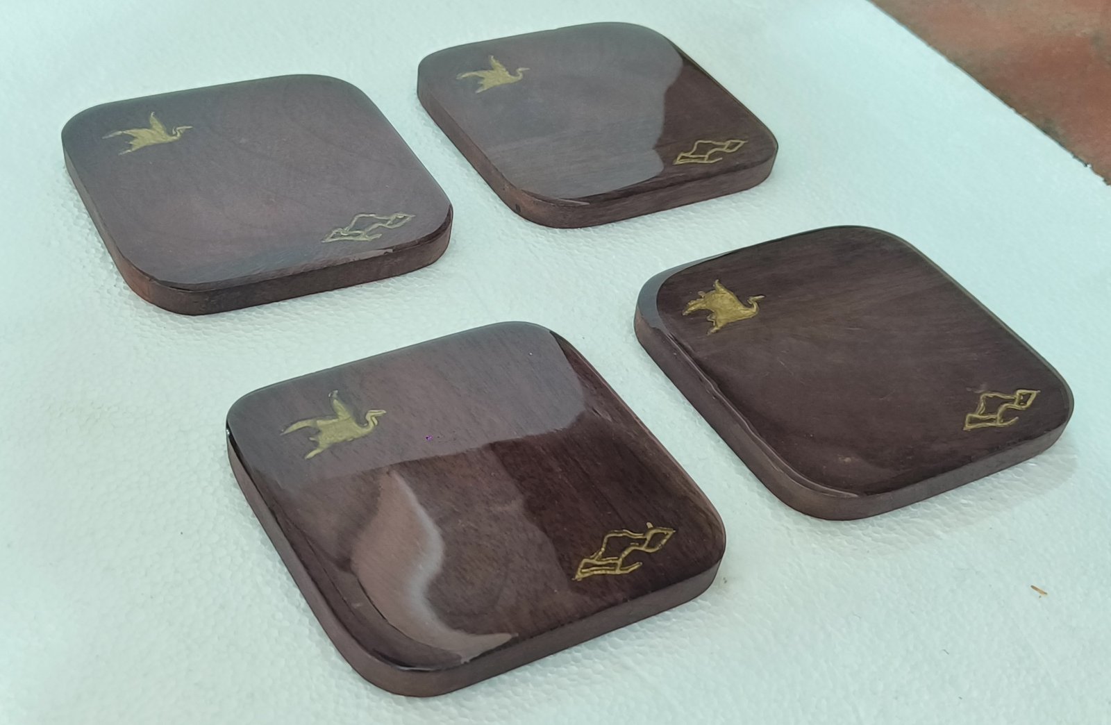 Wooden Coaster with Gold Crane and Cloud Inlay gallery image