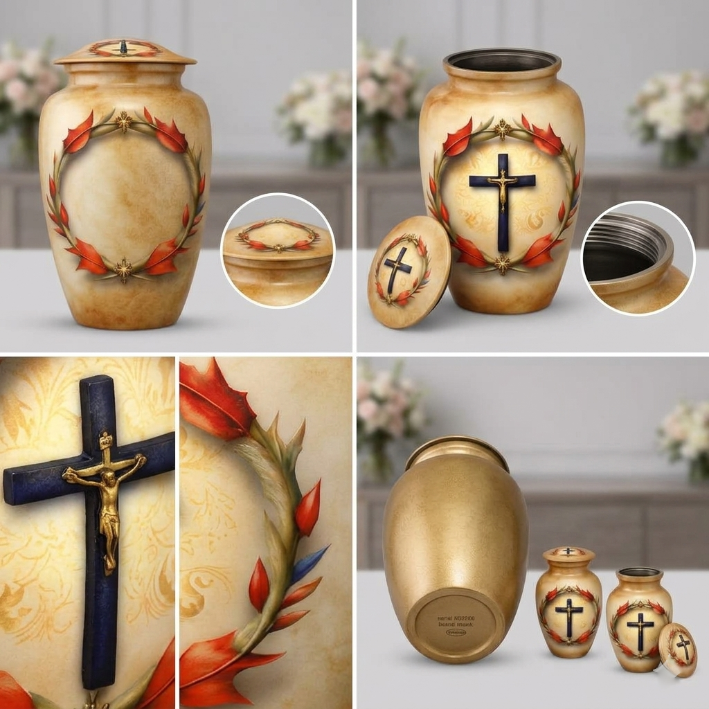 Aluminum Cremation Urn with Cross and Wreath Design gallery image