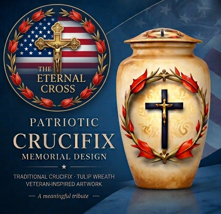 Aluminum Cremation Urn with Cross and Wreath Design gallery image